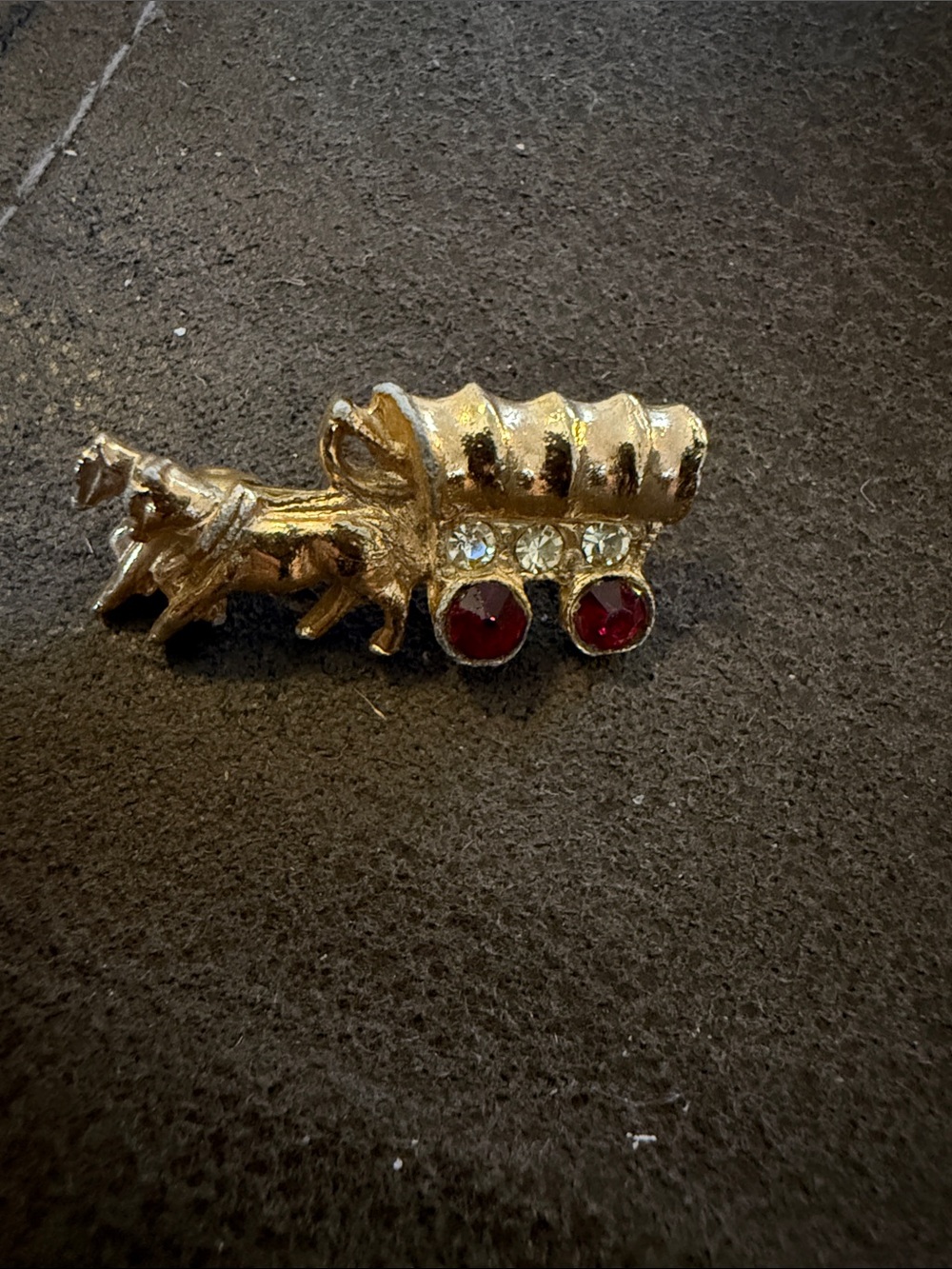 Vintage Gold-Tone Covered Wagon Brooch with Red and Clear Stones